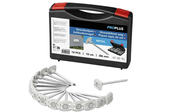 Sæt med teltpløkker ProPlus 361736V02 metalpløkker i en æske 15 stk.