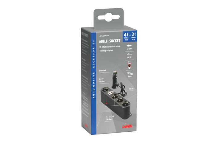Cigarettænderstik splitter LAMP Multistik 4x 12/24V + 2x USB